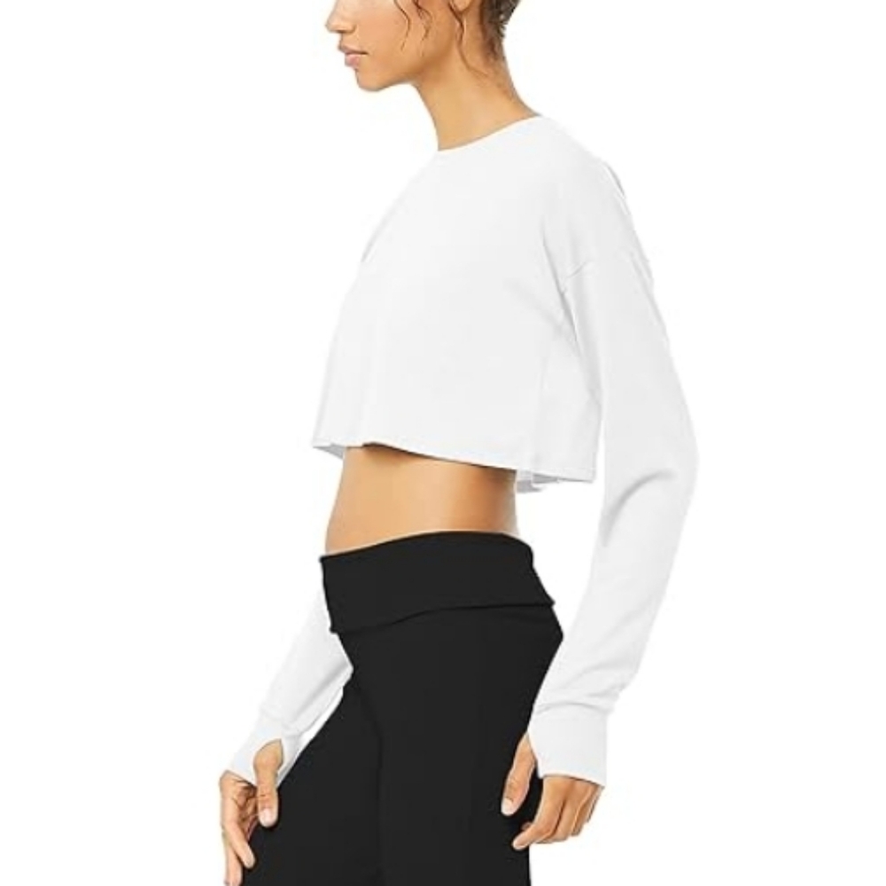 Bestisn Long Sleeve Crop Sweatshirt Top with Thumb Hole White